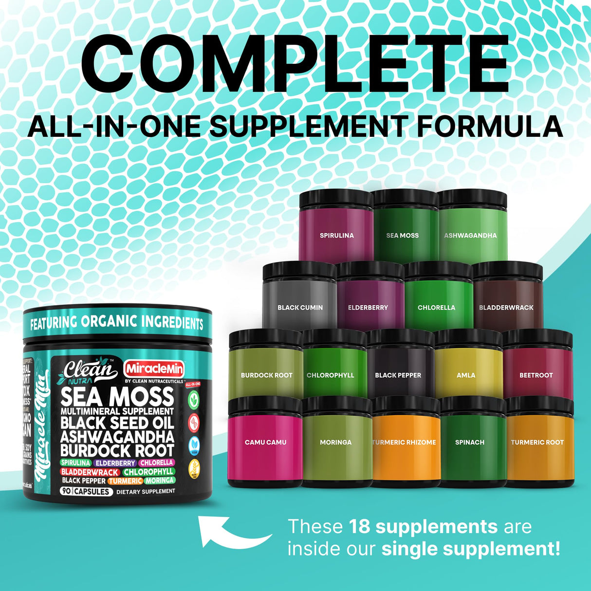 Clean Nutra Sea Moss Capsules with Ashwagandha, Black Seed Oil, Burdock Root, Bladderwrack, Moringa, Chlorella, Spirulina, Turmeric, Elderberry, Amla – 90 Vegan Capsules – MiracleMin