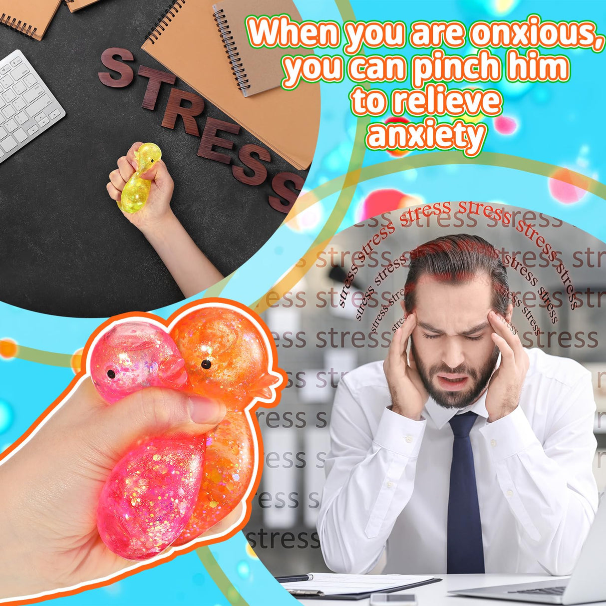 Meooeck 12 Pcs Duck Stress Relief Toys Stress Balls for Adult Mini Glitter Duck Squeeze Fun Fidget Toys Animal Balls Cute for Birthday Party Office Christmas Stocking Stuffer Gift ADHD Autism Anxiety