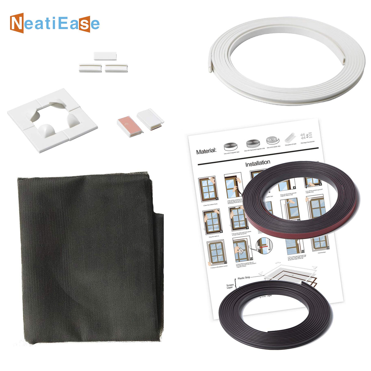 NeatiEase Adjustable DIY Magnetic Window Screen Max 55InchH x 36InchW Fits Any Size Smaller with White Frame Fiberglass Mesh