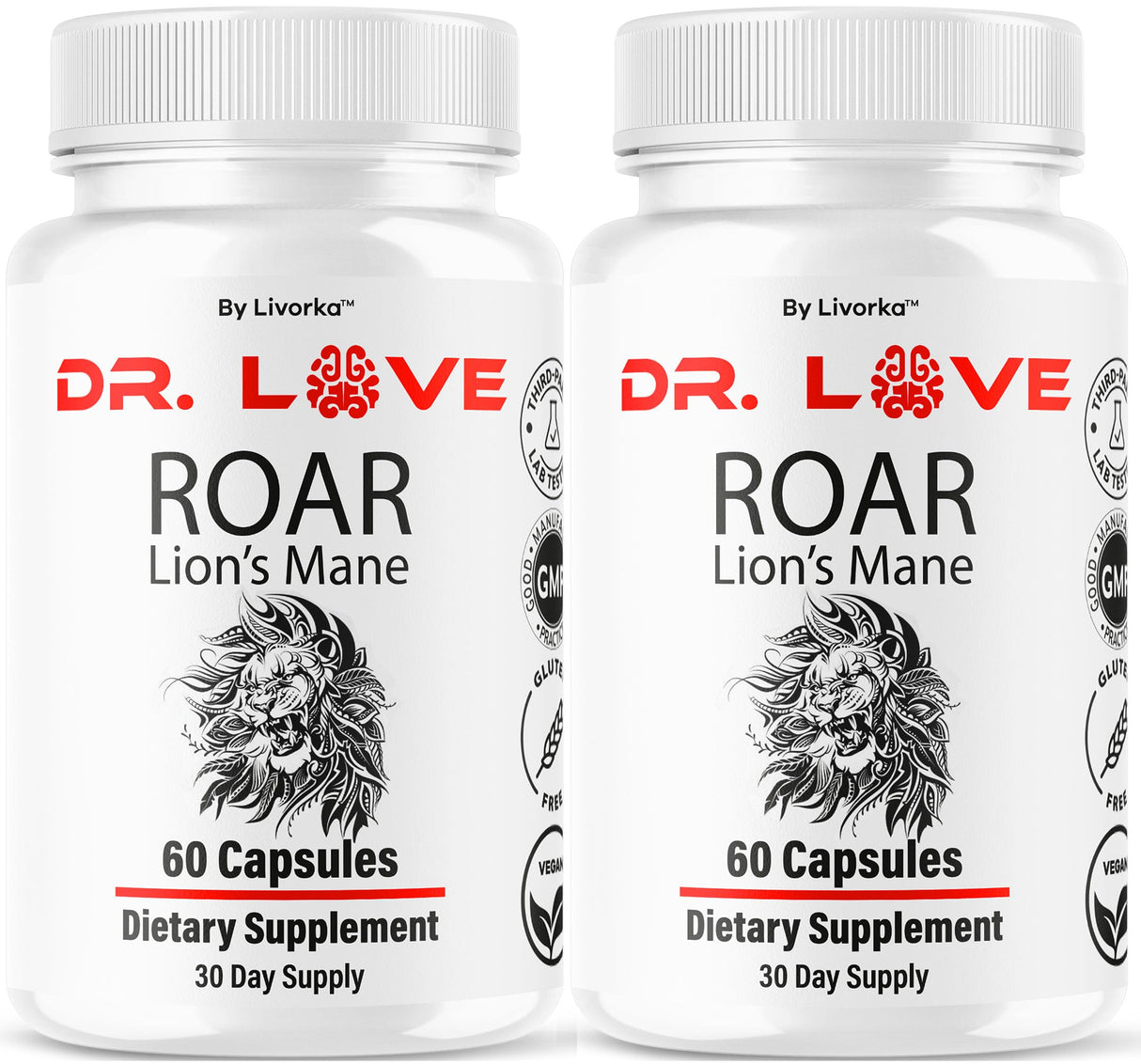 (2 Pack) Dr. Love Roar Lions Mane Supplement Capsules, Dr. Love Roar Lion’s Mane Plus Brain and Focus Premium Advanced Formula, Doctor Love All Natural Support Pills, 120 Capsules for 2 Months
