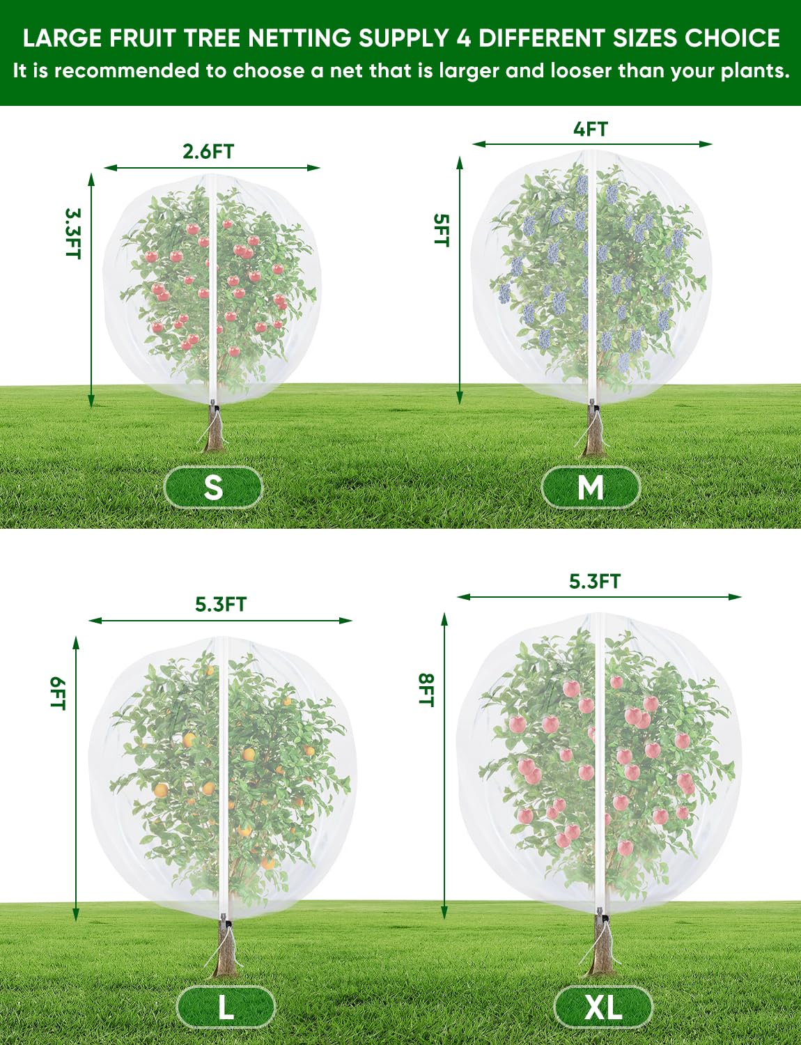 Fruit Tree Netting for Cicadas - with Zipper 4Pcs 5 x 4FT Garden Bird Netting for Blueberry Bushes with Drawstring,Insect Plant Protection Mesh Net Bags for Tomato,Cicada,Animals (4, 4 x 5 FT)