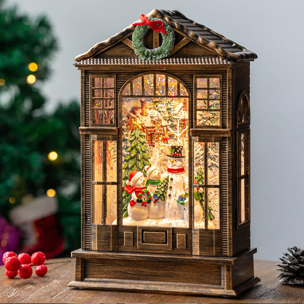 Christmas Snow Globe Swirling Glittering Snowman Choir Manger Scene, USB Lined/Battery Operated Lighted Water Lantern for Christmas Festival Decoration Gifts