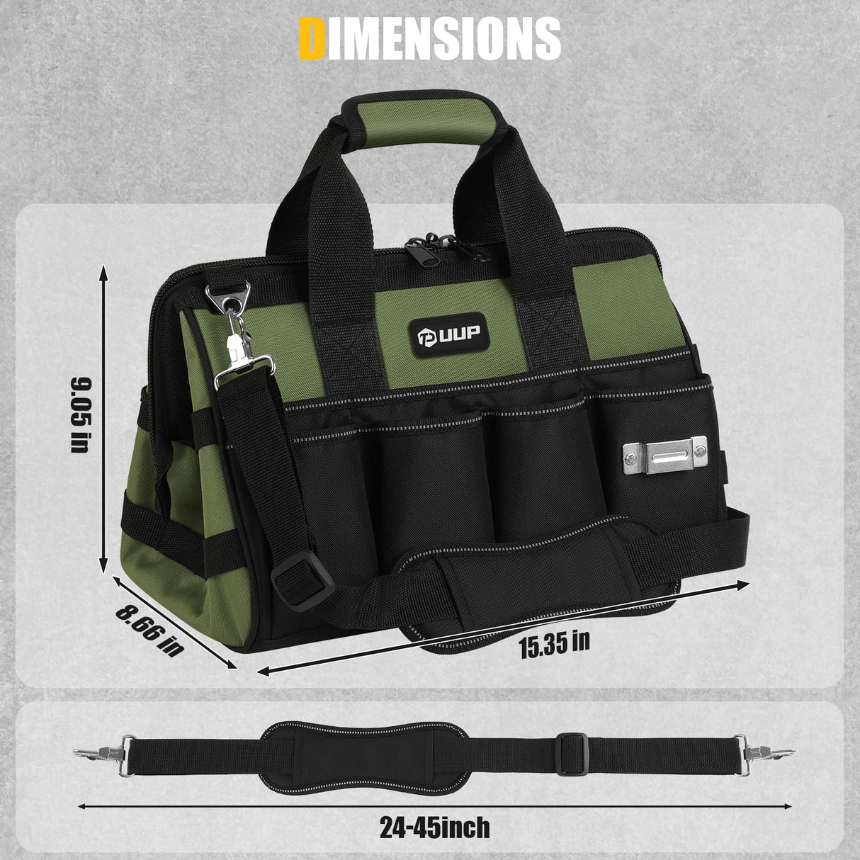 UUP Heavy Duty Tool Bag 15-Inch, 16-Pocket Portable Empty Tool Box Organizer, Big Storage Toolbox Organization, Soft Handle Large Zipper Carrying Toolbag, Father Day Gifts for Him Dad Men, Green