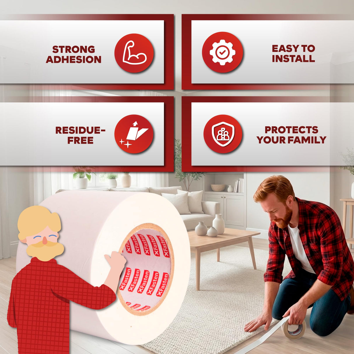 XFasten Double Sided Carpet Tape for Area Rugs, 4 Inch x 30 Yards – Heavy Duty Anti Slip Rug Grip Tape, Works as Rug Gripper, Residue Free, Wood Safe, Easy Removal for Hardwood and Laminated Floors