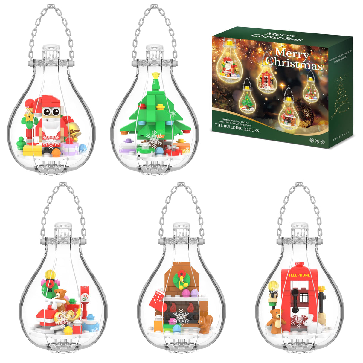 Christmas Ornaments Building Block Set, Compatible with Lego Christmas Tree Decorations Bulbs with Warm Light, Santa Claus Sleigh Phone Booth Fireplace Building Sets Gifts Stocking Stuffers (5 Pack)