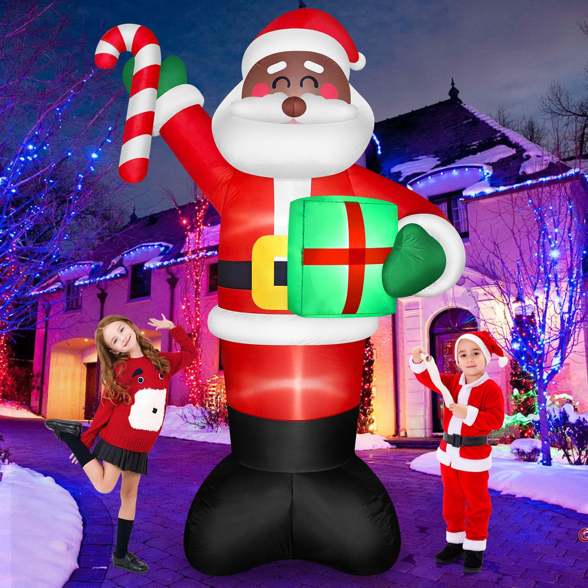 8 FT Tall Giant Black Santa Inflatable Christmas Decorations Outdoor Candy Cane & Gift Box, Build in LED Lights Funny Merry Xmas Blow Ups Yard Decoration for Outside Holiday Winter Indoor Patio Lawn