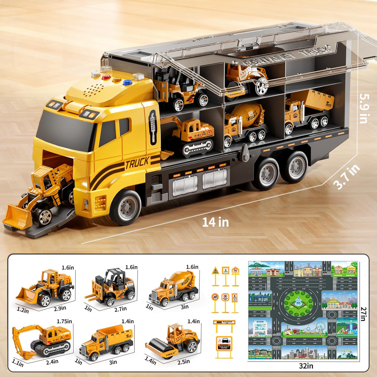 NIPLOOOW Kids Boys Construction Truck Vehicle Toy Set with Play Mat and Die-Cast Toy Car, Transport Carrier Truck for Kids 3-5, Birthday Gifts Toys for 3-8 Year Old Boys