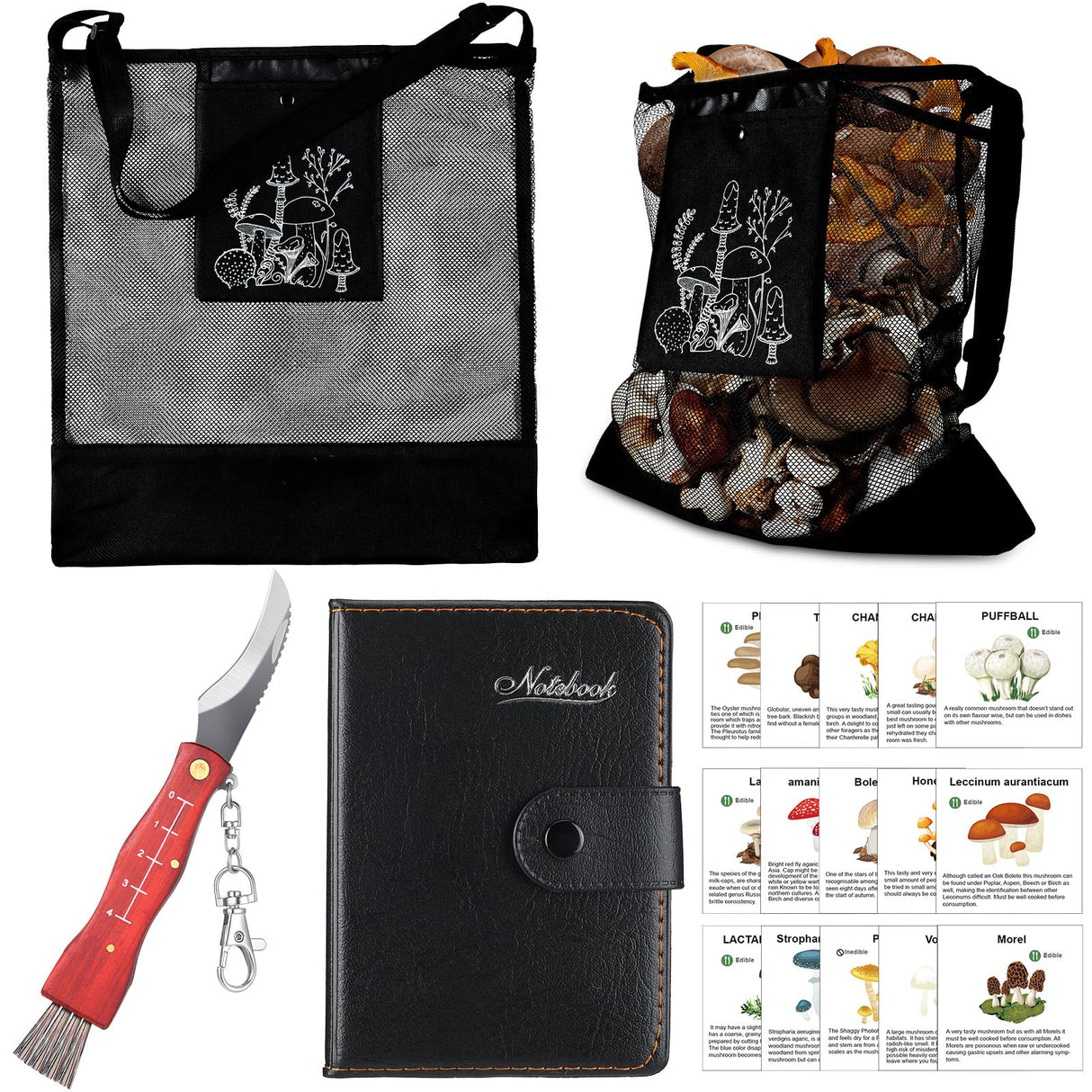Seajan 18 Pcs Mushroom Foraging Kit with Hunting Bag, Knife Brush Guide Cards and Notebook for Mushroom Lovers(Black)