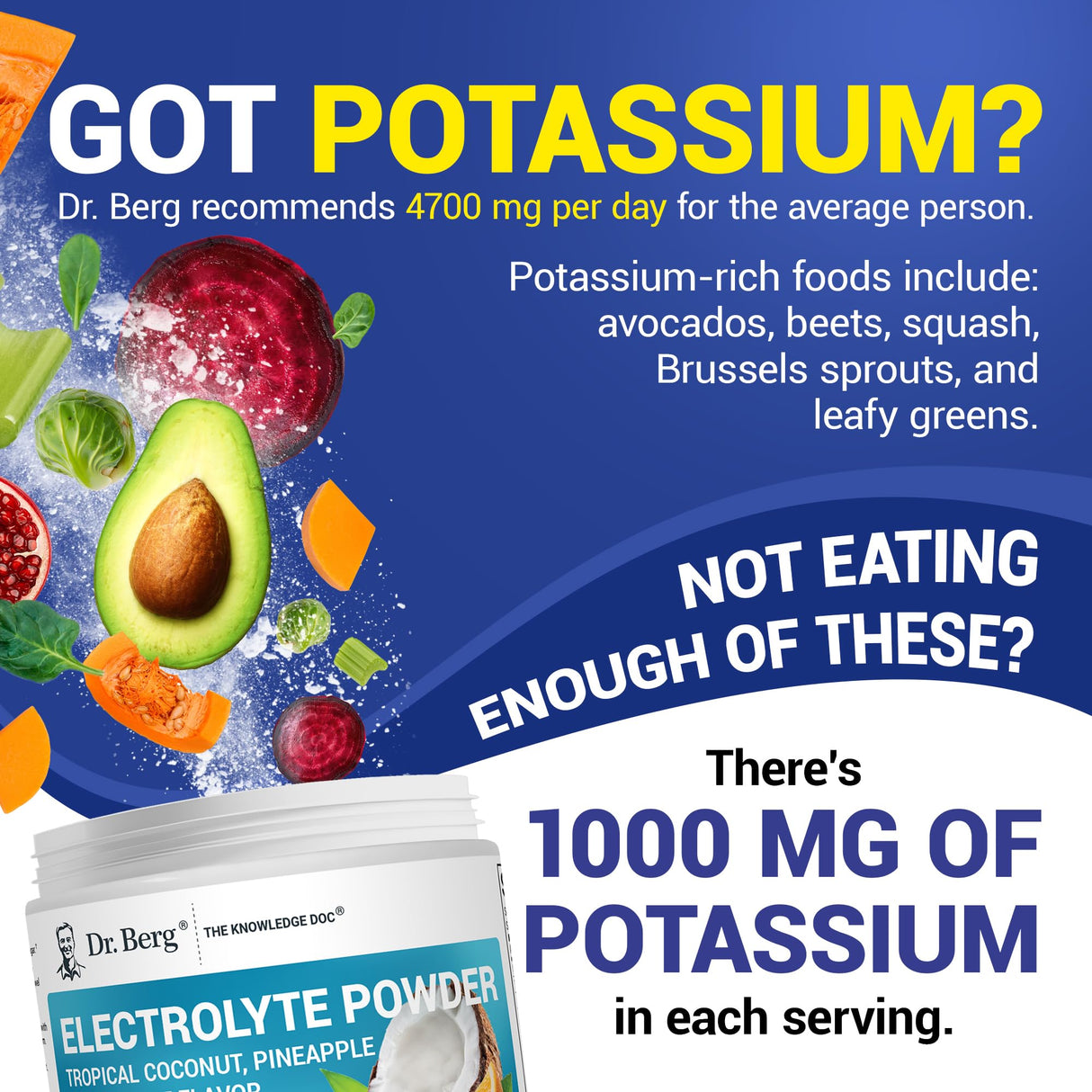 Dr. Berg Zero Sugar Hydration Keto Electrolyte Powder - Enhanced w/ 1000 mg of Potassium & Real Pink Himalayan Salt (NOT Table Salt) - Tropical Coconut, Pineapple & Orange Drink Supplement 50 Servings
