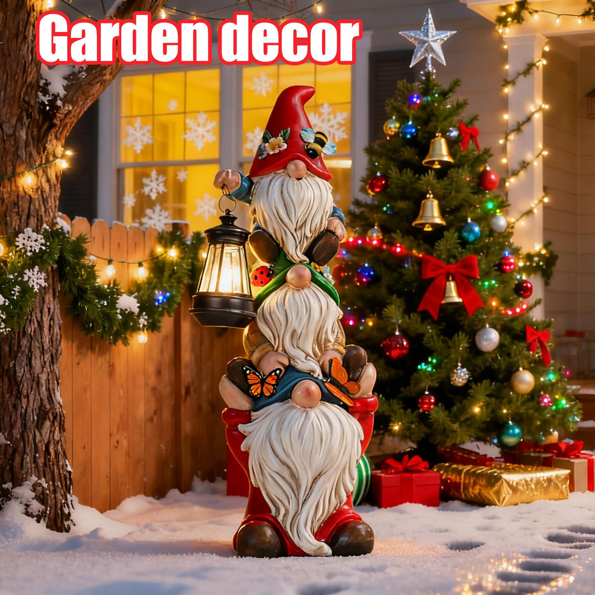 twinbling Christmas Garden Gnome Statue with Solar Lights Garden Sculptures Funny Triple Gnome Outdoor Patio Lawn Yard Balcony Home Decor Birthday Gifts for Women Mom Grandma 12 in Thanksgiving Gnome