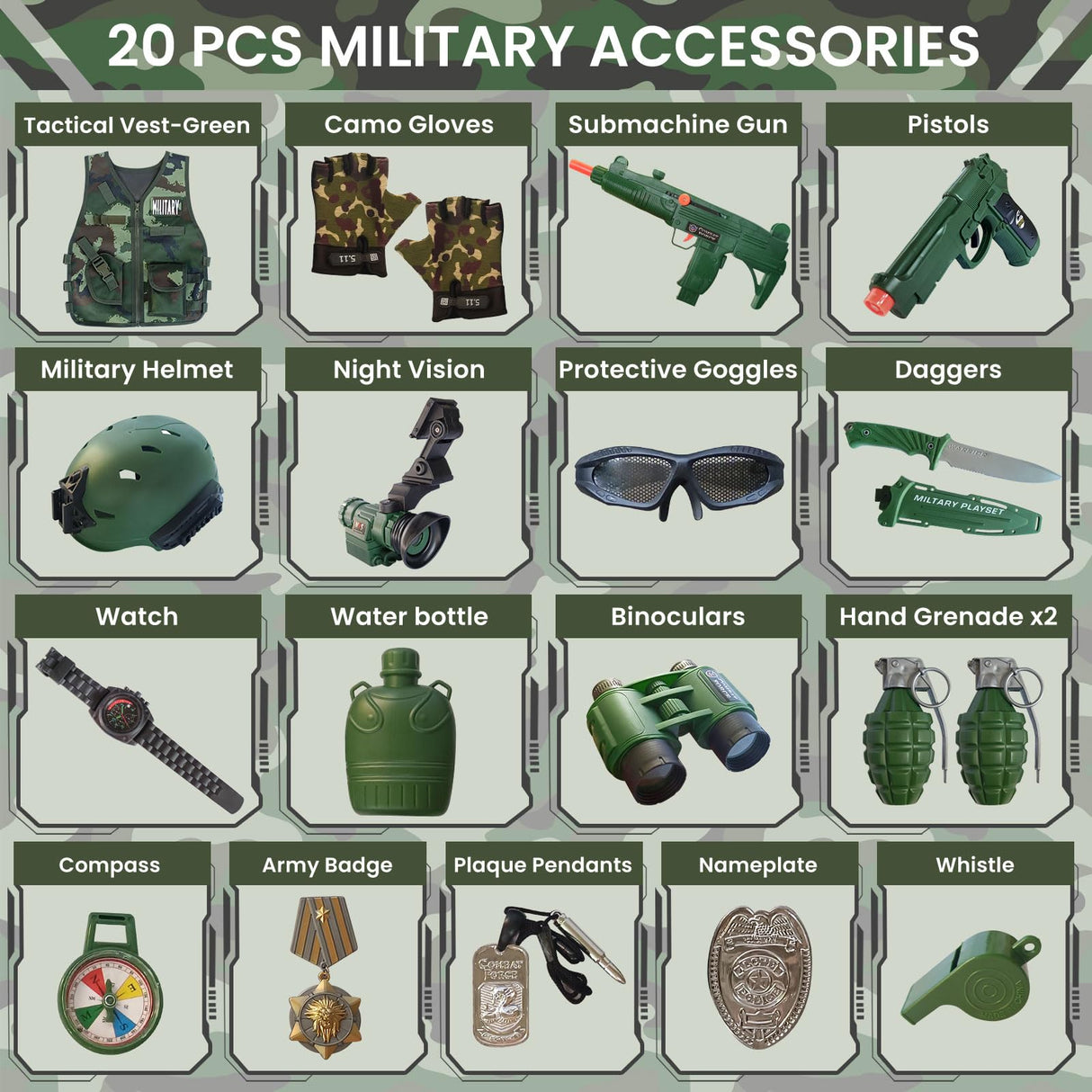 20 Piece Army Costume for Kids, Soldier Military Dress up for Boys 3-10, Kids Army Gear Role Play, Halloween Costume Camouflage Set with Vest, Camo Gloves, Helmet, Halloween Christmas Gift for Kids