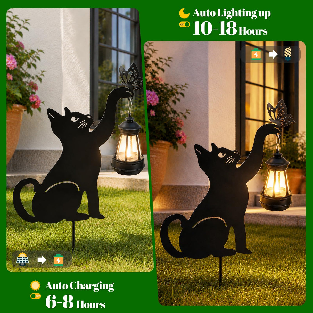 CabyGift Black Cat Solar Lights Outdoor, 2 Pack Waterproof Solar Cat Garden Stakes with Butterfly Decorative, Metal Cat Yard Decor for Patio, Lawn & Pathway, Cat Lover Gifts for Women Mom (2 Cat)