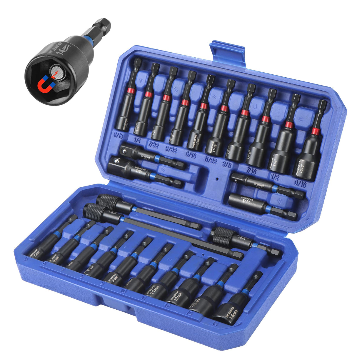 WORKPRO 27 PCS Magnetic Nut Driver Set, Impact Drill Driver Bit 1/4" Hex Shank, SAE & Metric Cr-V Steel Power Nut Drivers with Quick-release Extensions, Impact Socket Adapters, Bit Holder and Toolbox
