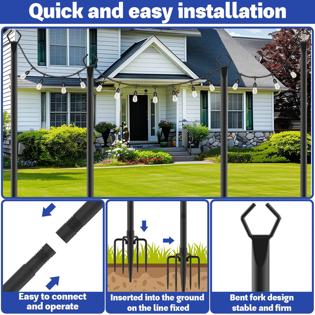 NSHWFW 6 Pack 10 ft Heavy Duty Metal String Light Poles Adjustable Outdoor Lighting Stand for Patio,Backyard,Garden,Party & Wedding Rustproof & Sturdy with Hooks