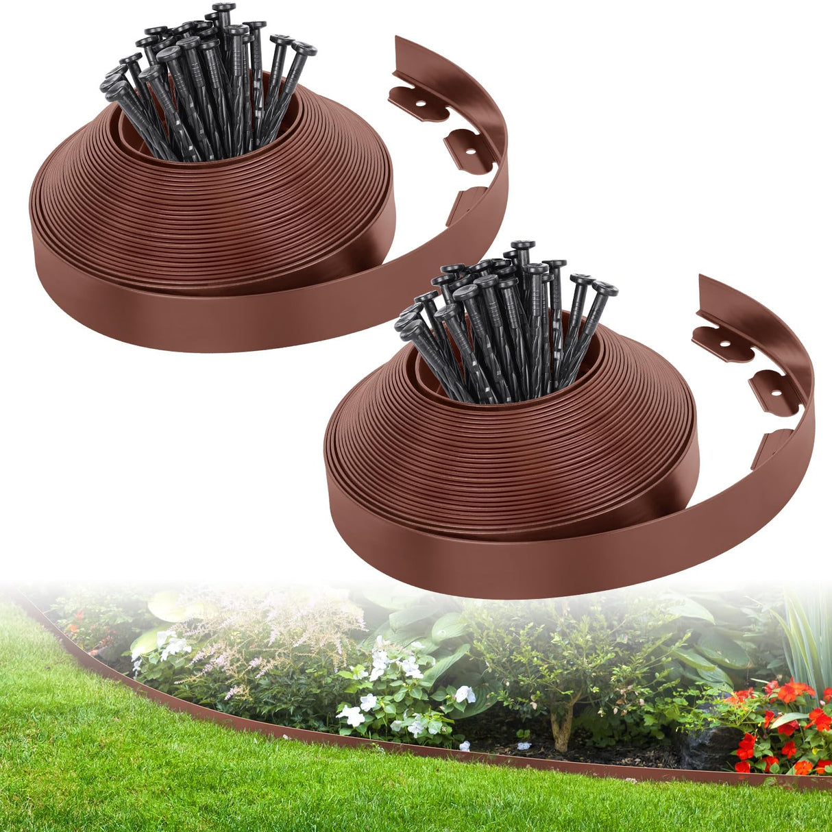 2-Inch x 66 FT Landscape Edging Border with 100 Spikes, Garden Edging Lawn Edging Border Kit, Plastic Edging Border Flexible for Garden Flower Beds Lawn Yard Pathway (Brown)