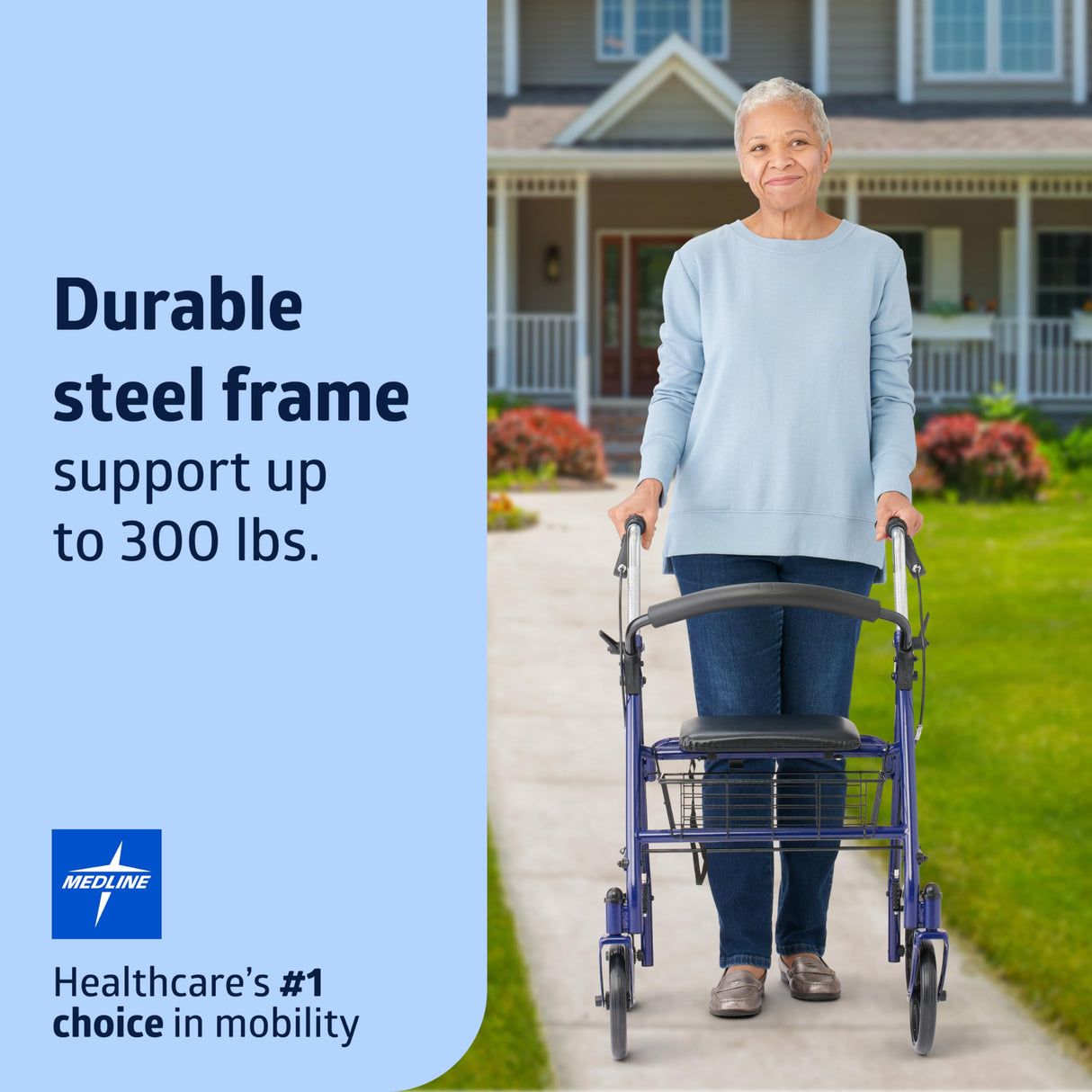 Medline Steel Rollator Walker with Seat, Blue, 300 lb. Weight Capacity, 8” Wheels, Foldable, Adjustable Handles, For Seniors, For Mobility Impairment