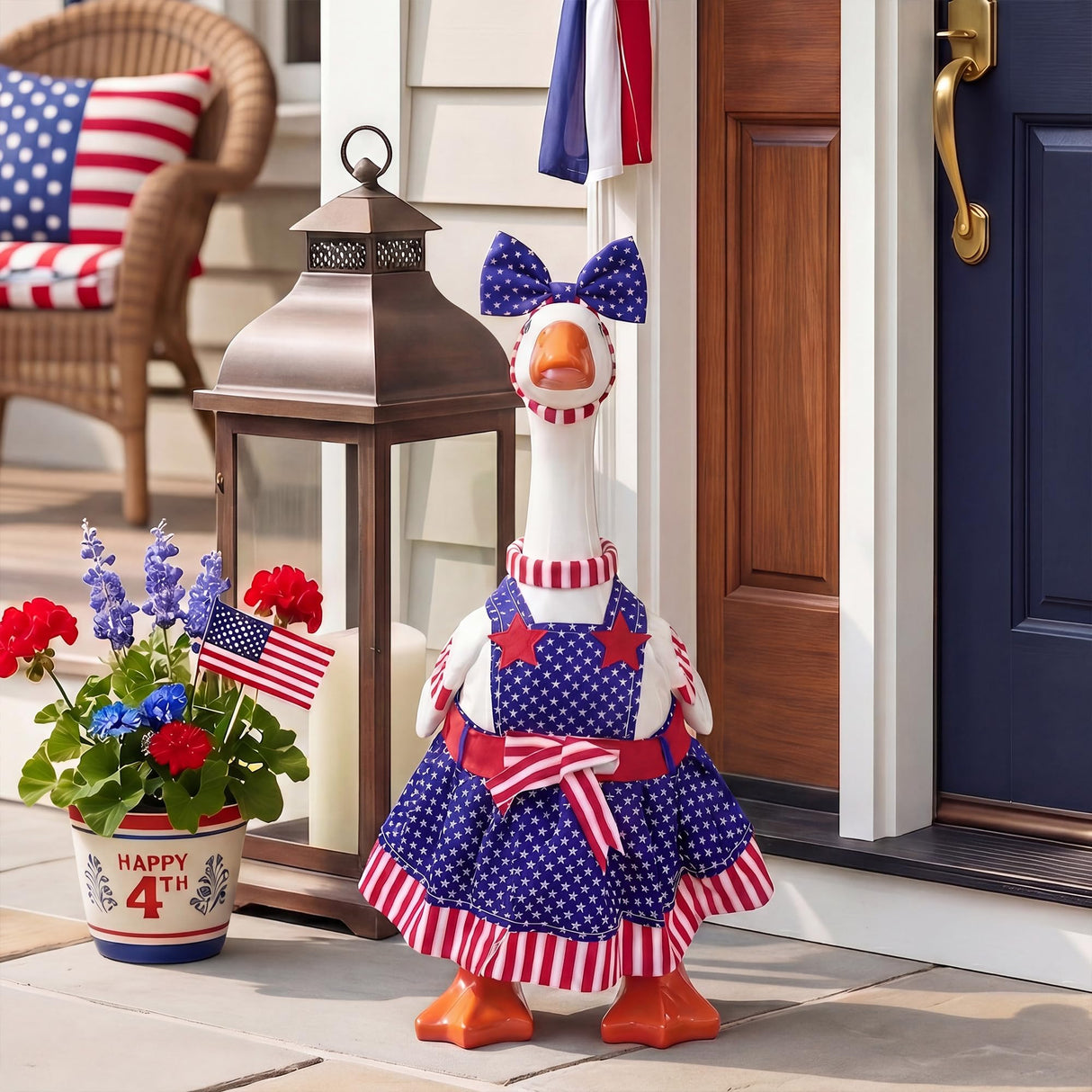Woaoce 4th of July Porch Goose Outfits with Stars & Stripes, Patriotic Red White Blue Costume for 23 Inch Porch Statue, USA 250th Anniversary Outdoor Lawn Garden Decor