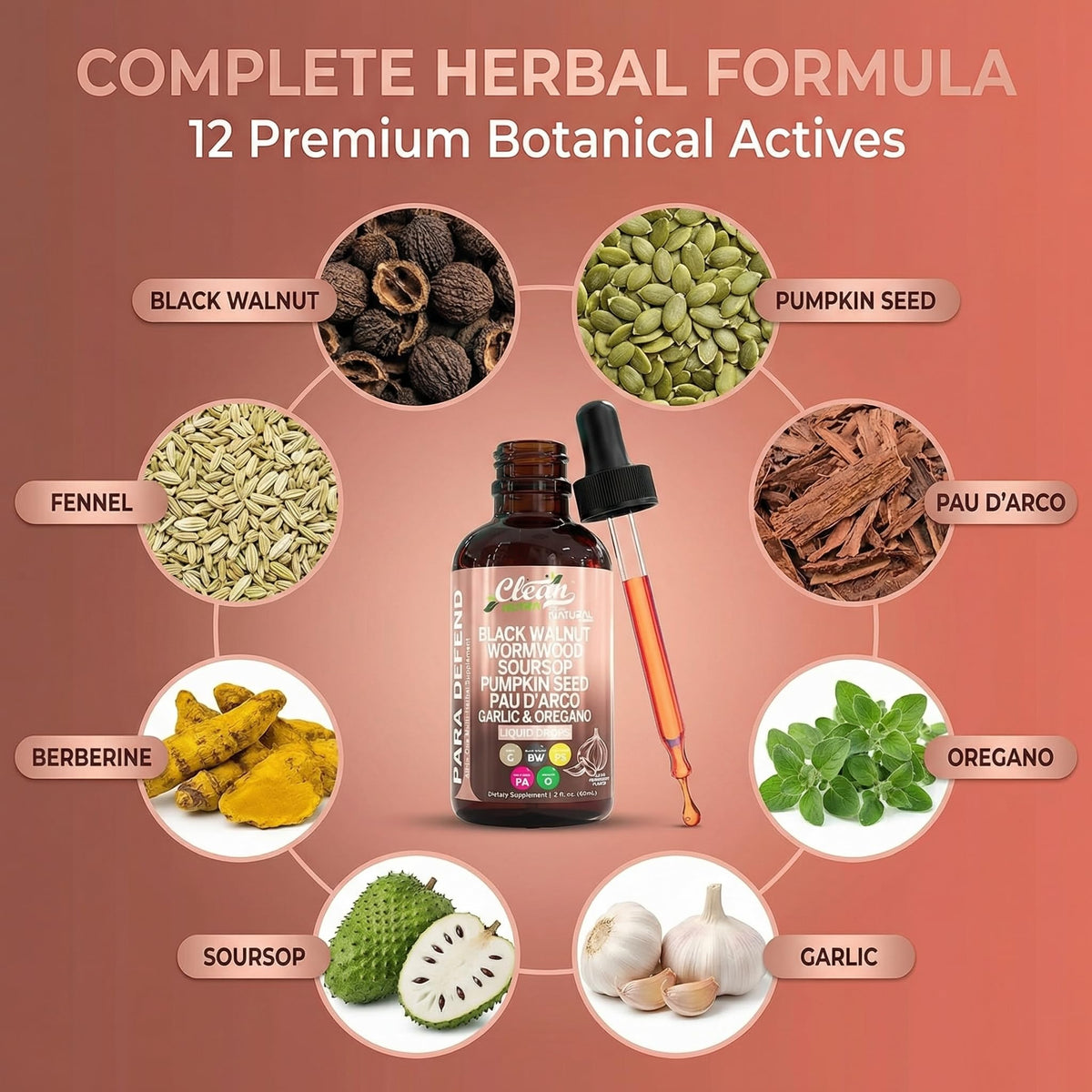 para Defend Wormwood Black Walnut Digestive Support Drops Liquid Soursop Garlic Pumpkin Seed PAU D'Arco Oil of Oregano Turmeric Berberine Neem Extract Hull Bark Tincture by Clean Nutra