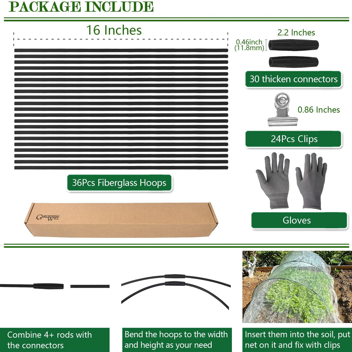 36 Rods Garden Hoops Kit for Raised Beds, 6 Sets 8FT Fiberglass Grow Tunnel