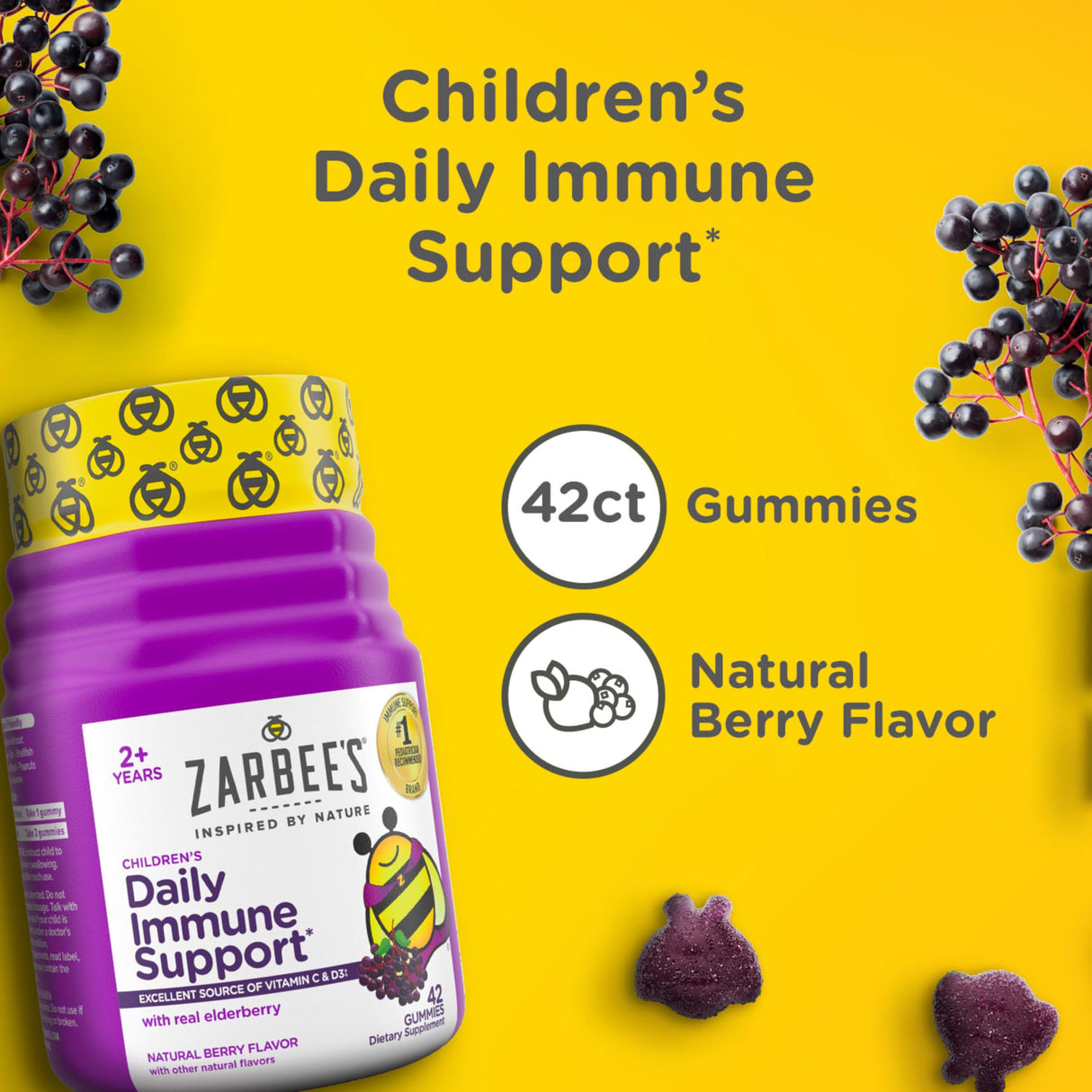Zarbee’s Kids Elderberry Immune Support* Gummies, Daily Vitamins A C D3 E & Zinc, Real Elderberry Extract, Gelatin & Gluten Free, No Artificial Flavors, Natural Berry Flavor, Ages 2+, 42 Ct Bottle