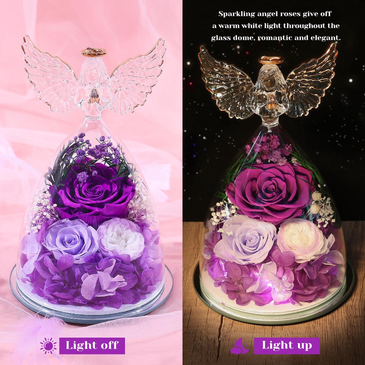 FIACO Gifts for Women Mom Preserved Rose Forever Flower in Glass Angel Figurine Fresh Flowers for Delivery Birthday Gifts for Grandma Wife Sister Christmas Anniversary Eternal Purple Roses