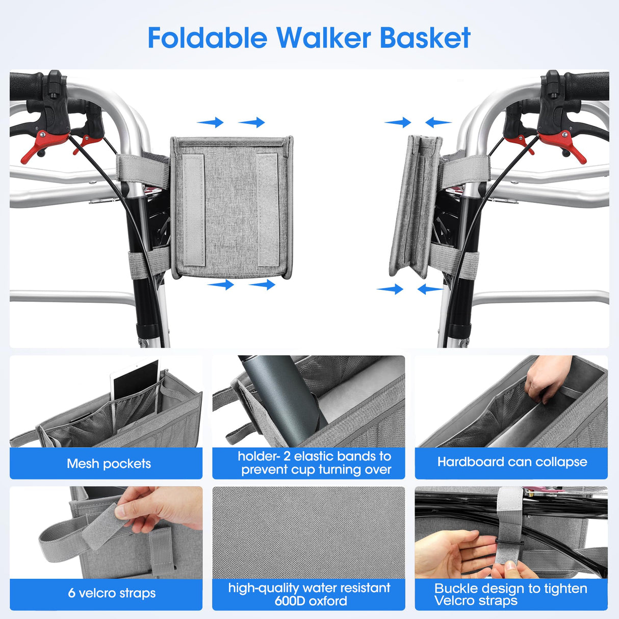 Dotday Upgraded Walker Basket with Cup Holder, Foldable Walker Bag with Large Capacity & Never Tipping Over, Not Fit for Rollator - Grey