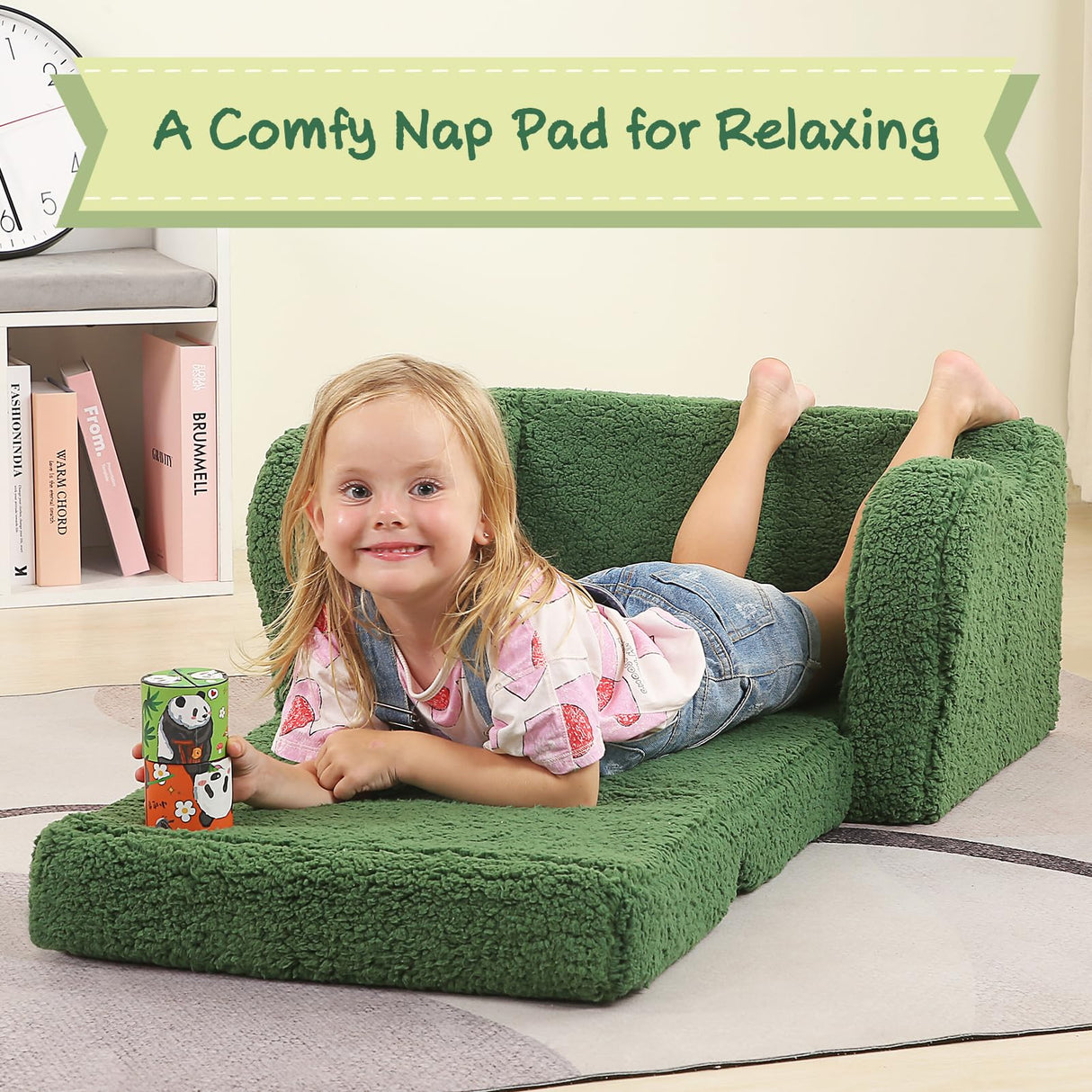 MOMCAYWEX Kids Chairs for Toddler, 2-in-1 Toddler Soft Sherpa Couch Fold Out, Convertible Sofa to Lounger for Girls and Boys, Christmas Decor, Green