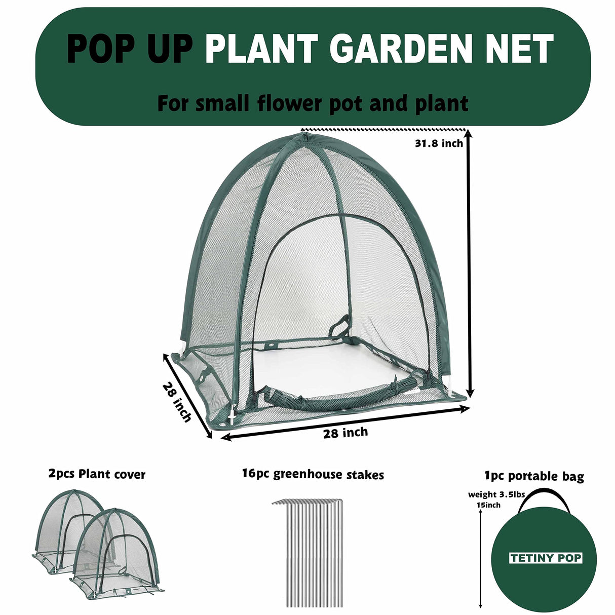 2pcs Quick Set up Pop up Garden Netting 28”x28”x32”Portable Plant Cover Net ,Locusts,Birds,Small Animal Garden Fruit and Flower Cages Portable Carry Bag with 16 Stakes