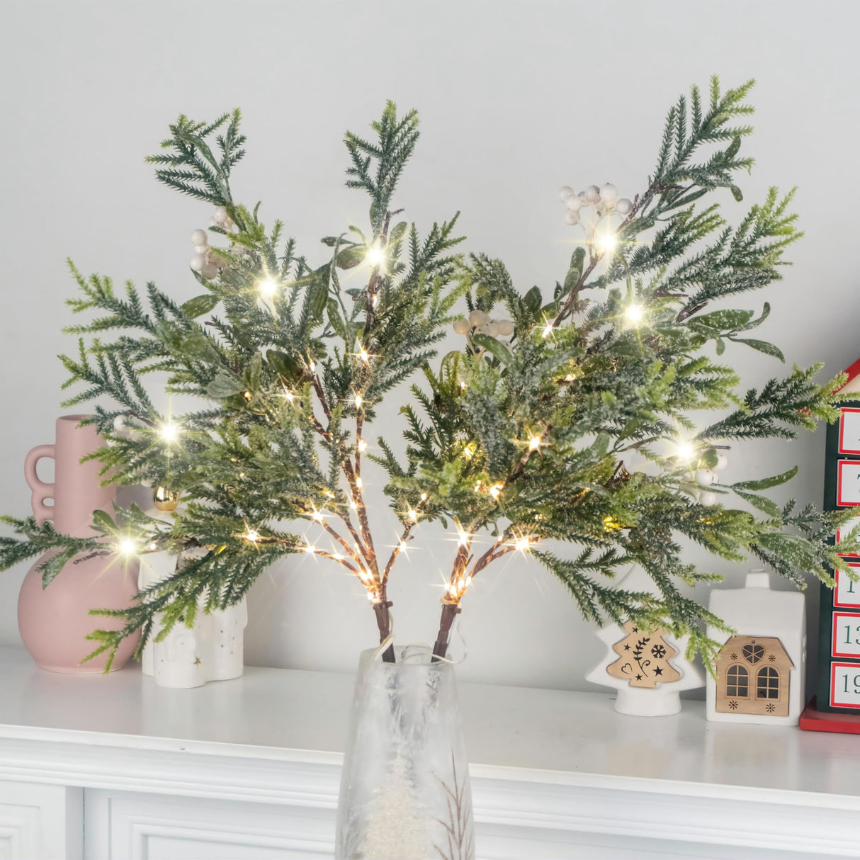 Lighted Artificial Pine Branches for Vases, 28" Christmas Cypress Sprigs with 60 LED Lights, Battery Operated or USB Plug in, Indoor/Outdoor Holiday Decorations (2PCS)