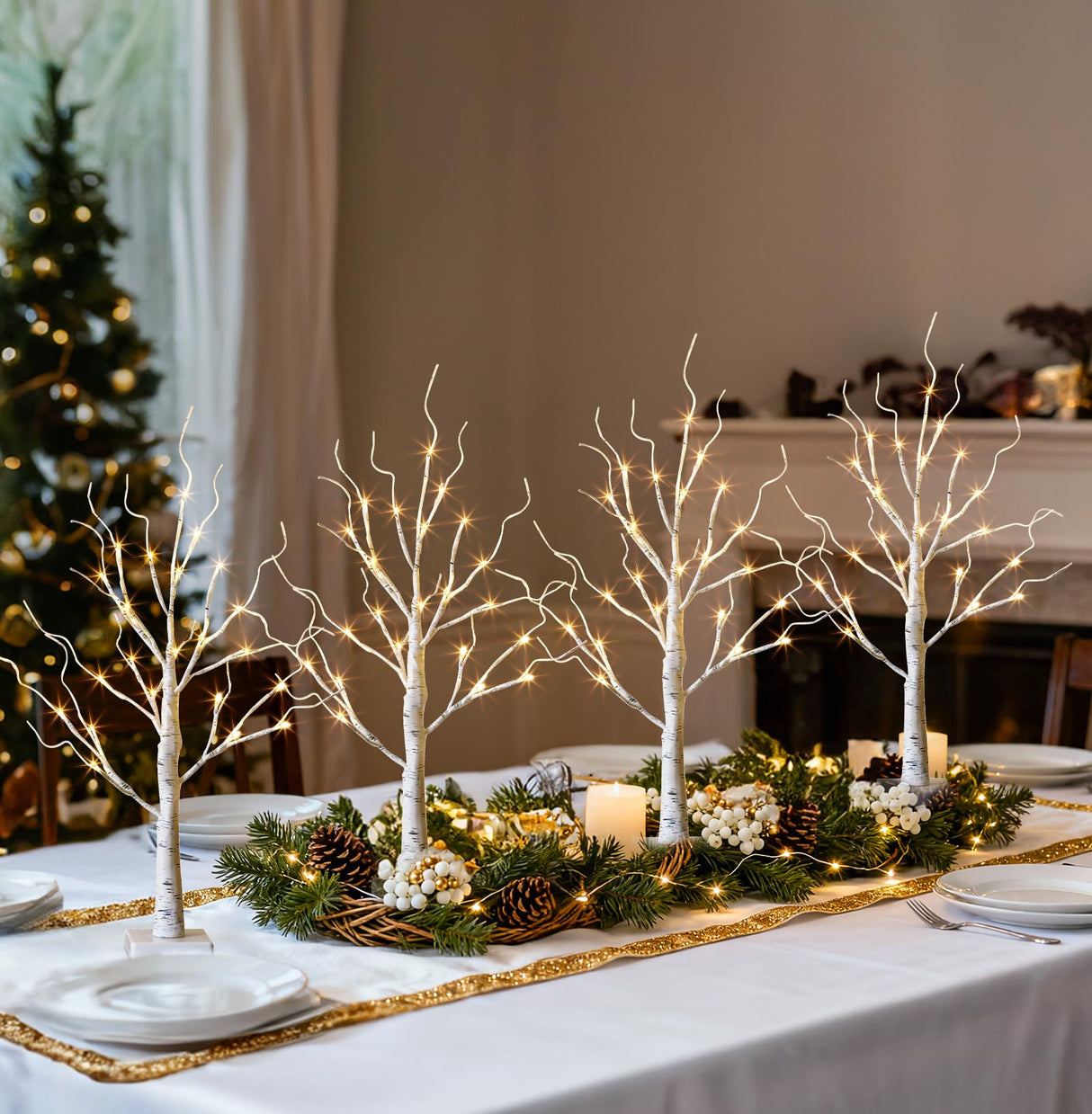 EAMBRITE Home Decorations Light Up White Birch Tree Indoor Christmas Decor, 4 Pack Battery Operated/USB Lighted Tabletop Money Tree Lamp Led Lights Easter Wedding Centerpiece Table Room (2 Ft)