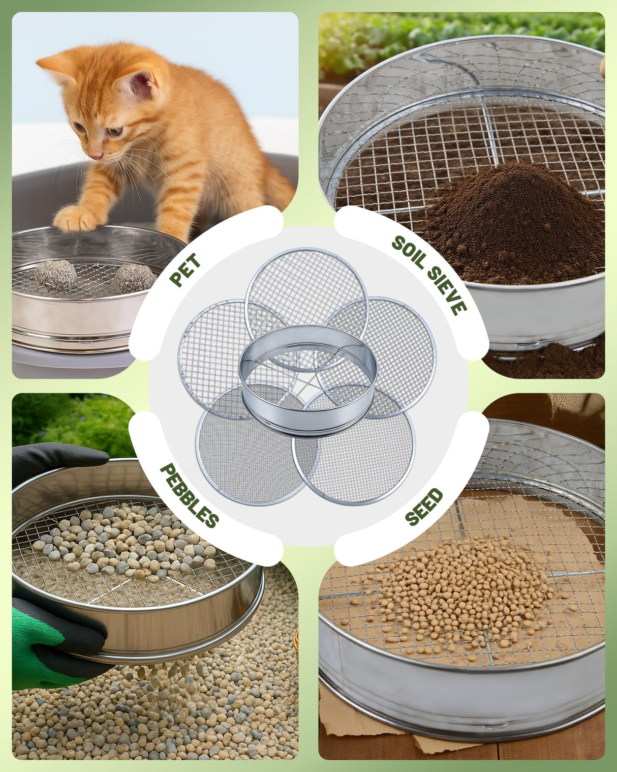 HIPULX 5-in-1 Soil Sifter Set with 5 Replaceable Stainless Steel Mesh Screen & Shovel (1/8" to 1/2"), Soil Sifter for Soils, Compost, Bonsai, Cat Litter and More(11-5/8" Diameter)