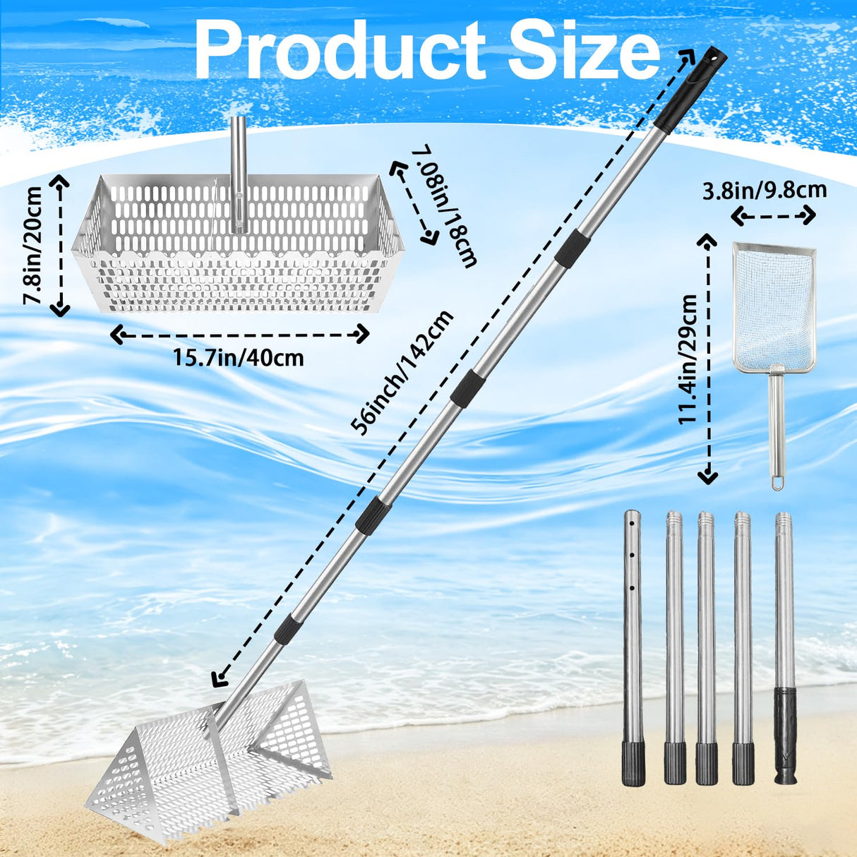 Sand Flea Rake Stainless Steel Beach Sand Sifter with Sharp Digging Teeth, 56" Split Long Handle 16 Inch Large Basket Sand Crab Rake for Collect Sand Fleas, Shells, Shark Teeth & Fishing Live Bait