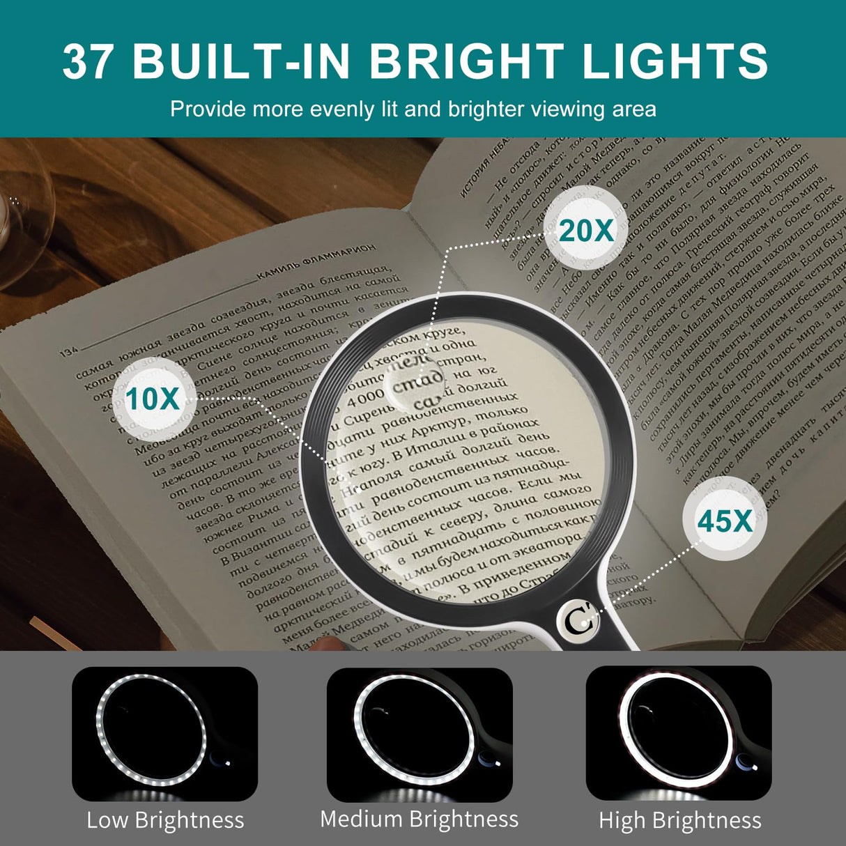 Large Magnifying Glass with 37 LED Light, 10X 20X 45X Handheld Illuminated Lighted Magnifier with 3 Light Modes for Seniors Reading, Inspection, Coins, Exploring Close Work