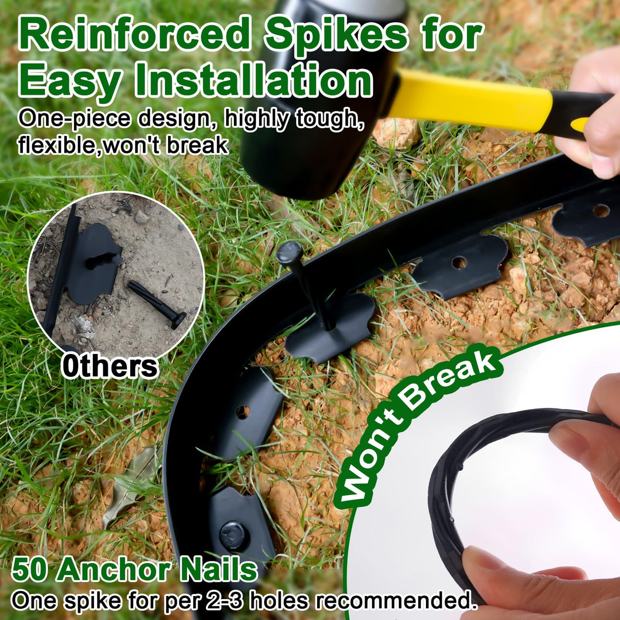 Landscape Edging, 2 Inch Tall 33 Ft No Dig Landscape Garden Edging Border Kit with 50 Anchoring Spikes, Plastic Garden Border for Landscaping Flower Bed Lawn Yard Grass Paver Pathway Walkway, Black