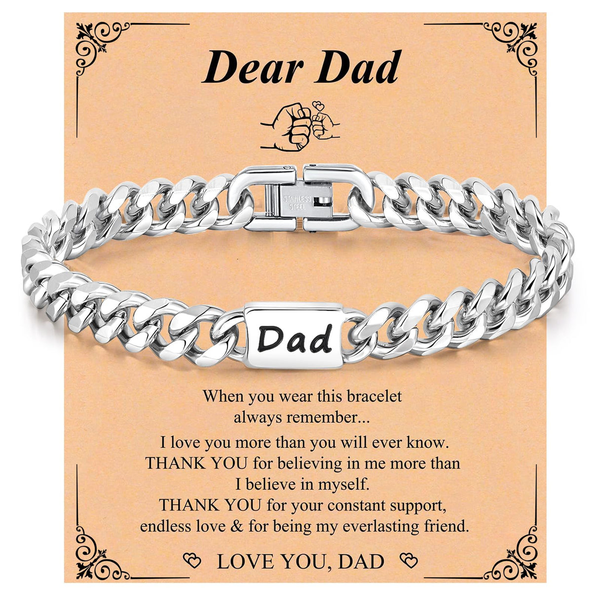 Fathers Day Gift Bracelet for Dad - Stainless Steel Cuban Chain Link Bracelet Gifts for Men Dad from Son Daughter Classic Hip Hop Anniversary Personalized FatherJewelry Gifts for Him Husband Boyfriend