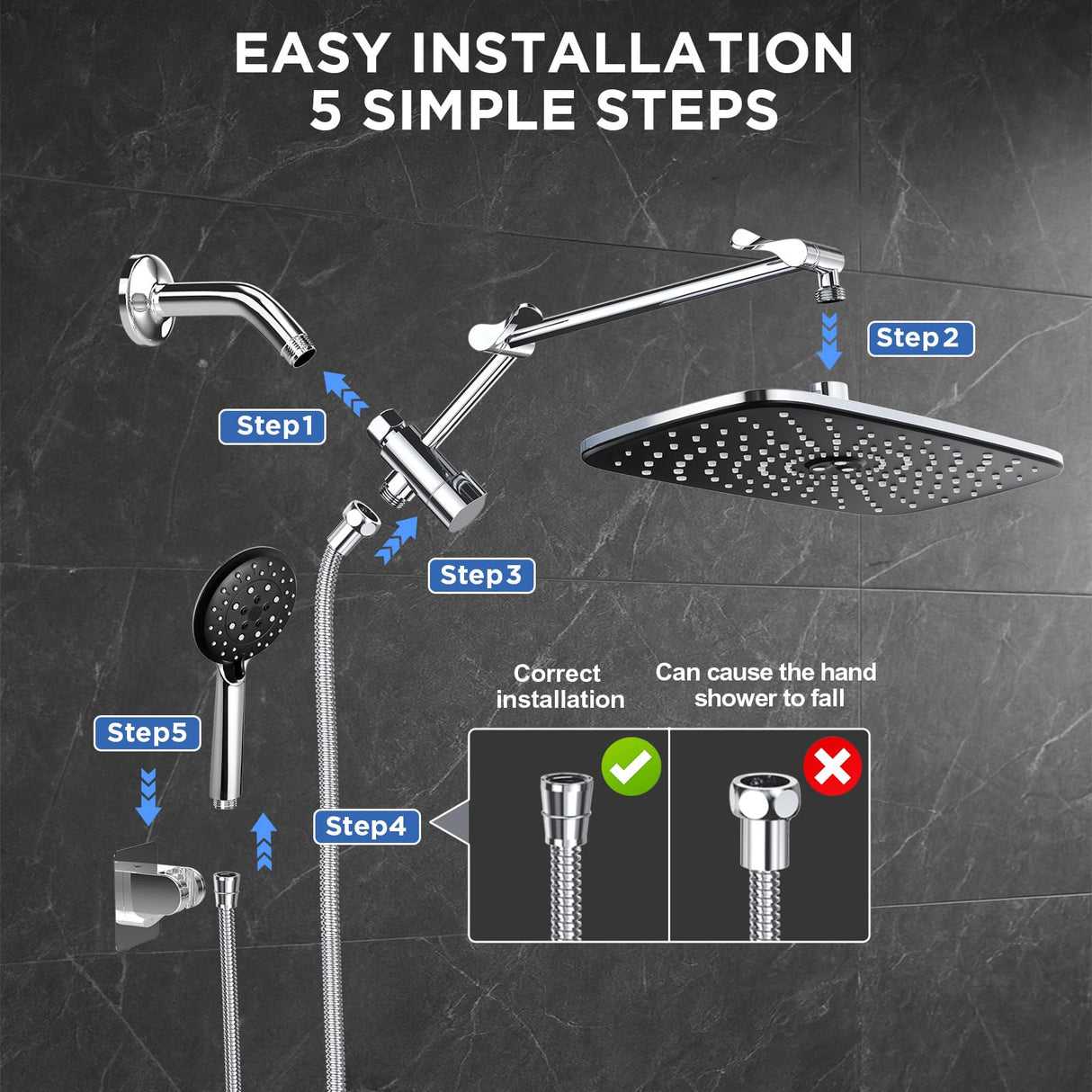 Veken 11.8" Rain Shower Head with Handheld, High Pressure Handheld Shower with Multi Spray Modes, Rainfall Combo with Metal Extension Arm, Detachable Dual Showerhead, Bathroom Decor, Chrome Silver