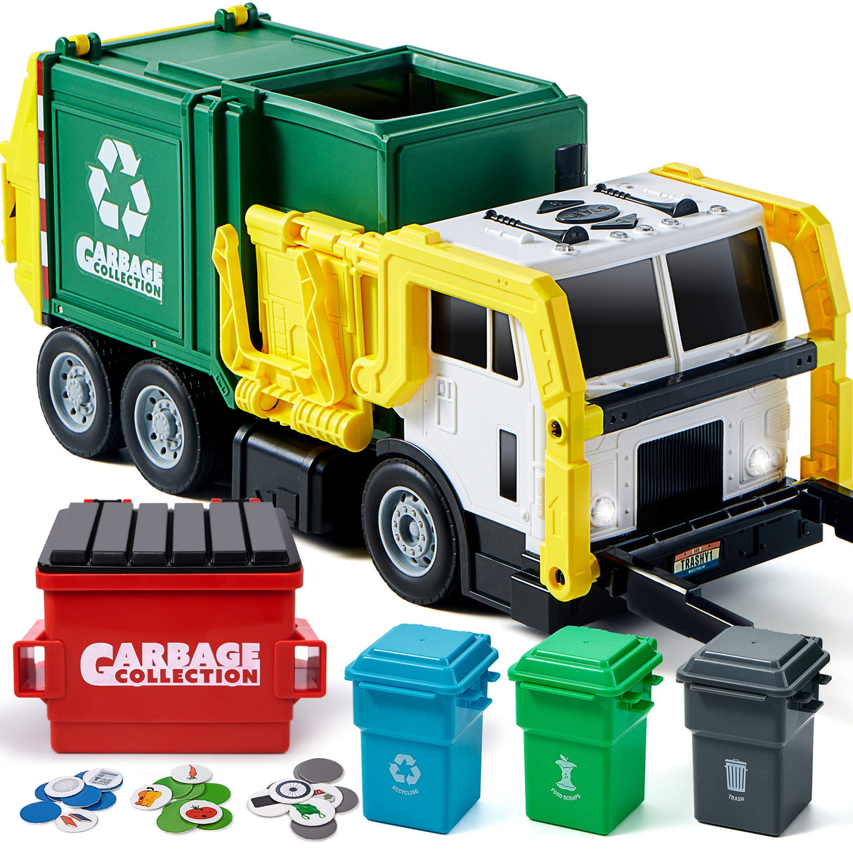 JOYIN Large Friction Powered Garbage Truck Toy Set, Includes Dumpster, Trash Bins, and Learning Cards for Kids, Boy Toys Birthday Gift for Boys Girls Kids Toddler Gift for Christmas