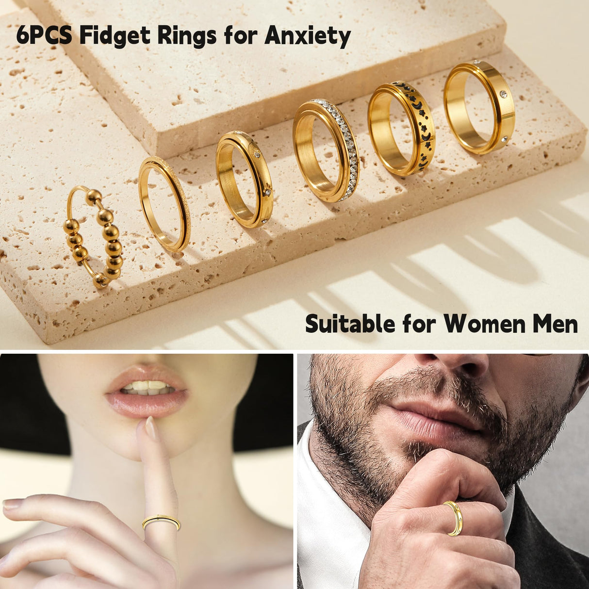 LOFITOR Gold Fidget Rings for Women Men Anti Anxiety Stress Spinner Ring