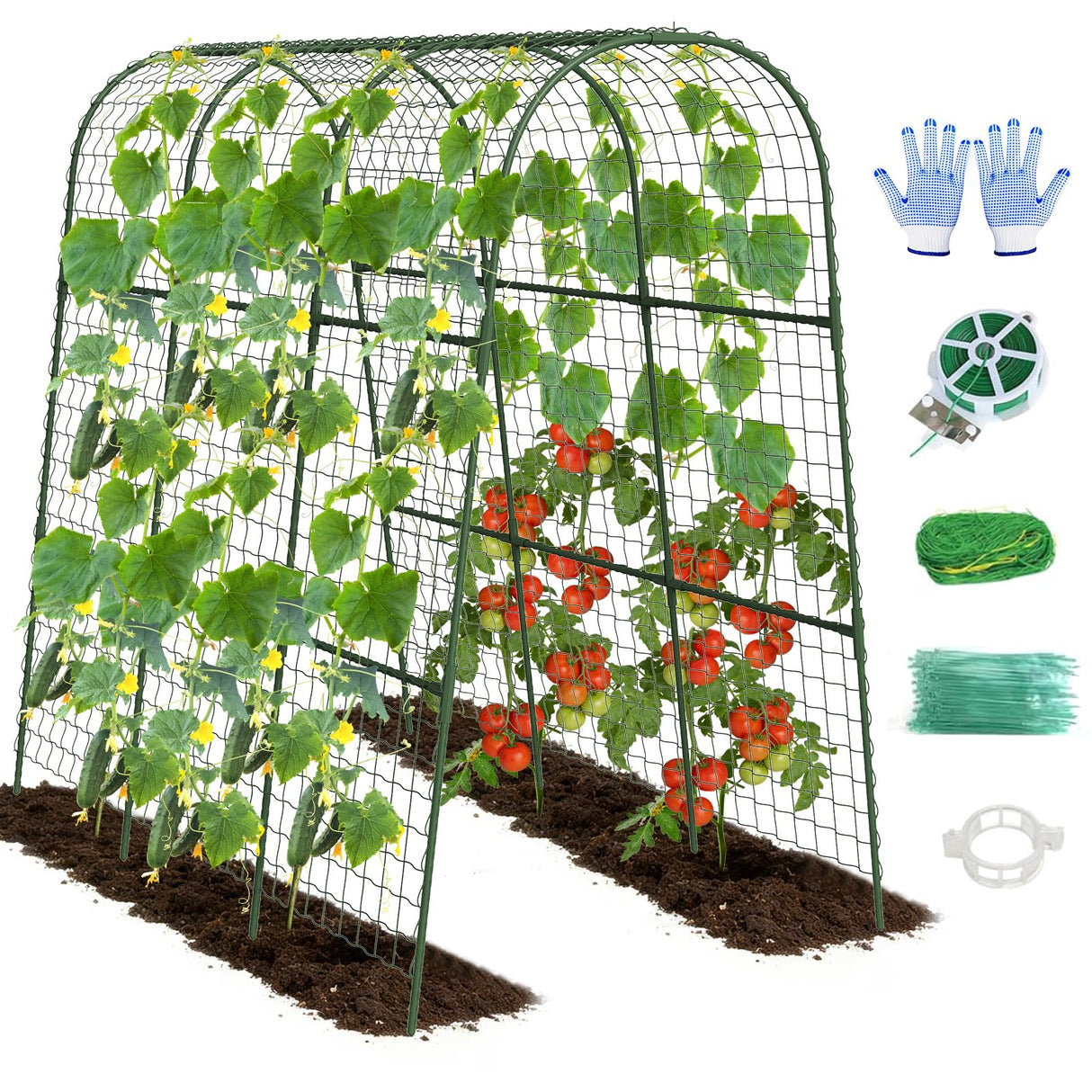 Cucumber Trellis, Metal Garden Arch Trellis for Raised Bed, 48 x 48inch U-Shape Garden Trellis for Climbing Plants Outdoor, Vegetables Fruit Plant Support with Netting, Gardening Supplies (Green)