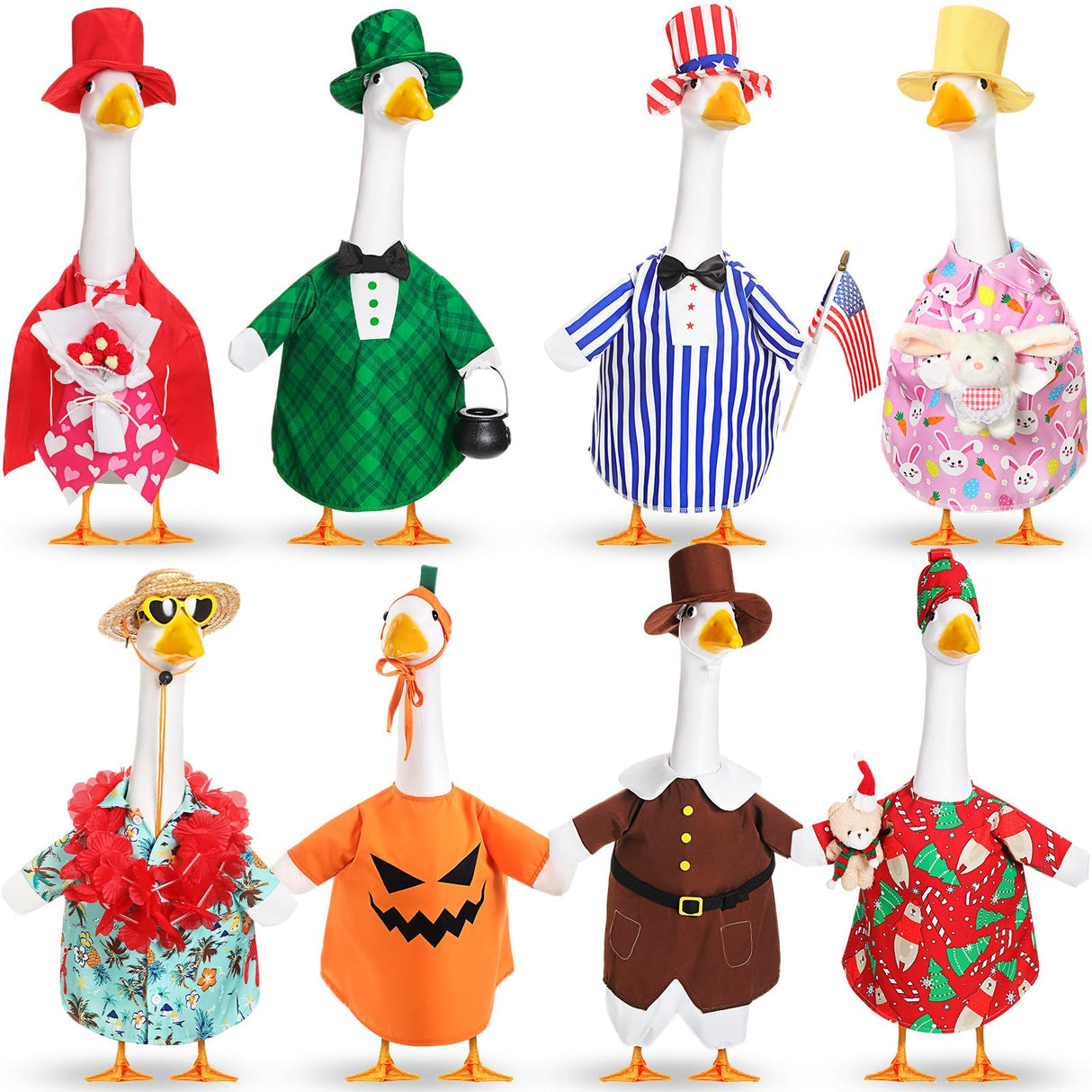 Silicherry 8 Set Seasonal Holiday Goose Outfits Christmas Valentine's Day Summer All Seasons Lawn Porch Goose Clothes Costume for 23" Cement Statue Garden Patio Outdoor Decoration(Boy Style)