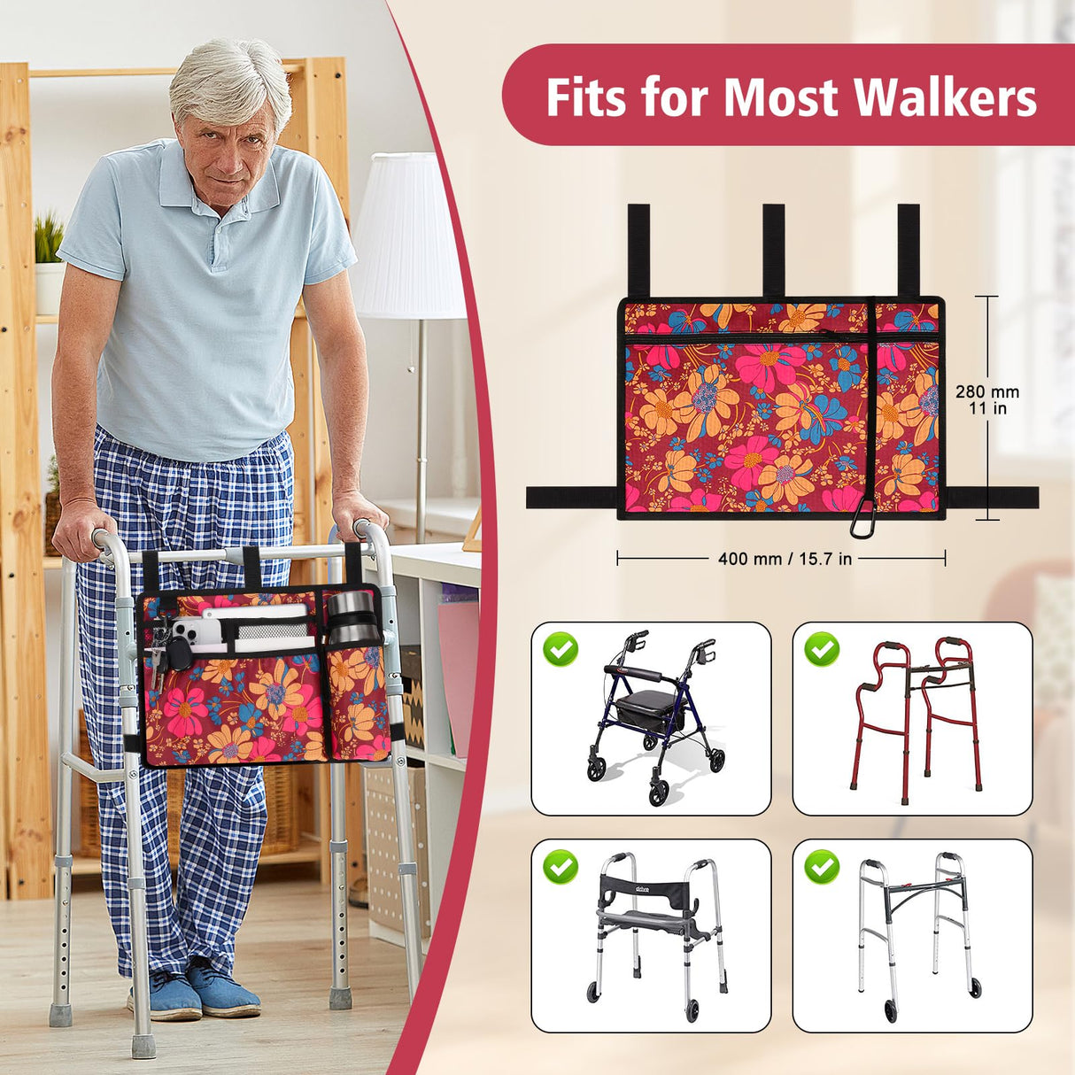 supregear Accessories Bag for Walker, Wheelchair, Rollator - Walker Basket Bag w/Cup Holder - Seniors Caddy Attachment Pouch for Walkers, Water Resistant Large Capacity Carry Storage Carrier Tote