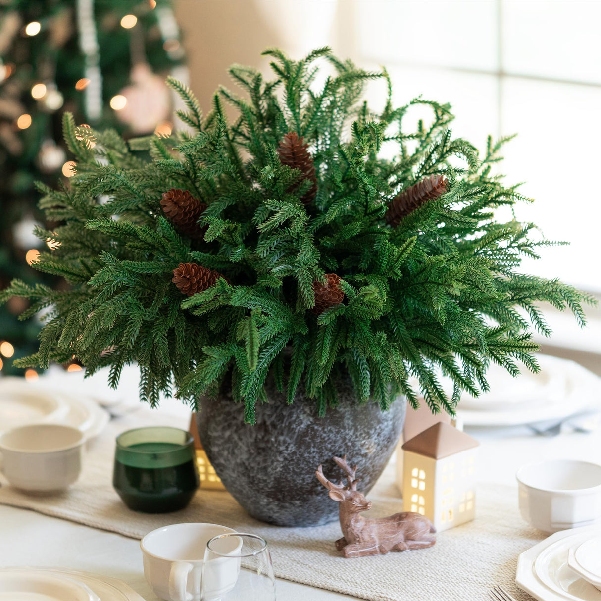 HyeFlora 19 Inch Christmas Norfolk Pine Stems, 12PCS Real Touch Faux Cedar Pine with 5PCS Big Pine Cones Branches, Artificial DIY Greenery Stems Plastic Picks for Vase Indoor Outdoor Home Garden Décor