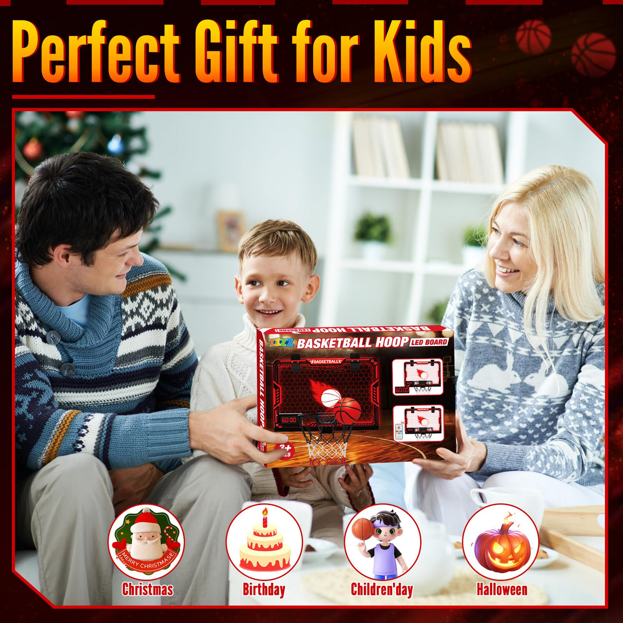 ZIZZ Indoor Basketball Hoop for Kids: Over The Door Basketball Hoop with LED Light & Scoreboard Mini Basketball Hoops with 3 Balls Christmas Birthday Toys Gifts for 5 6 7 8 9 10 11 Year Old Boys Girls