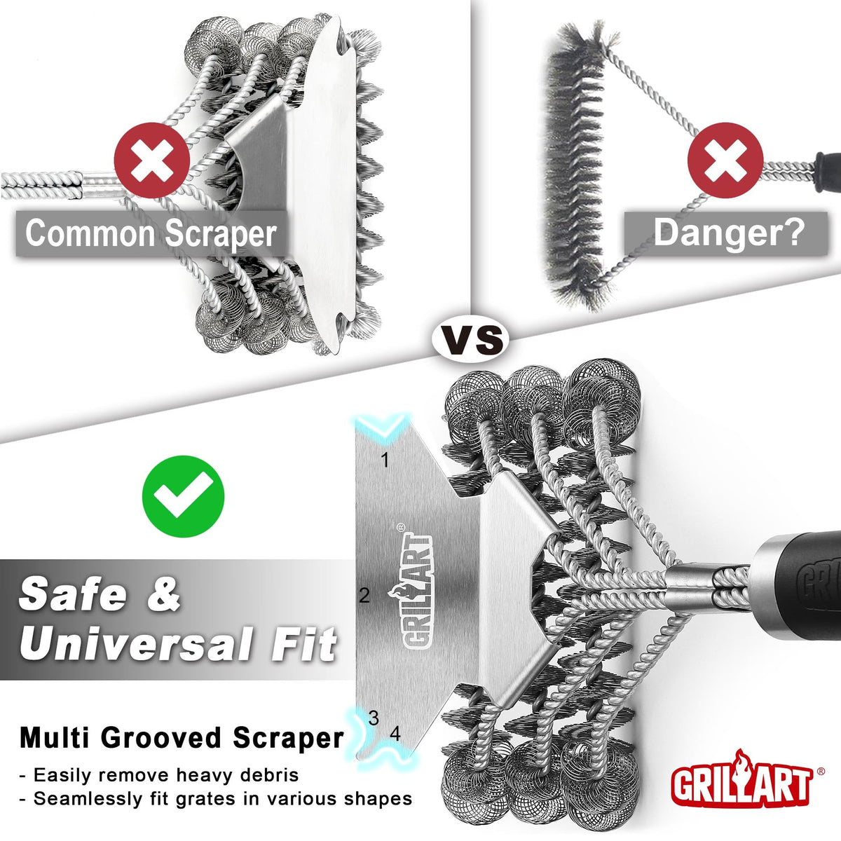 Grill Brush & Bristle Free Outdoor BBQ Scraper, Safe 18'' Stainless Cleaner