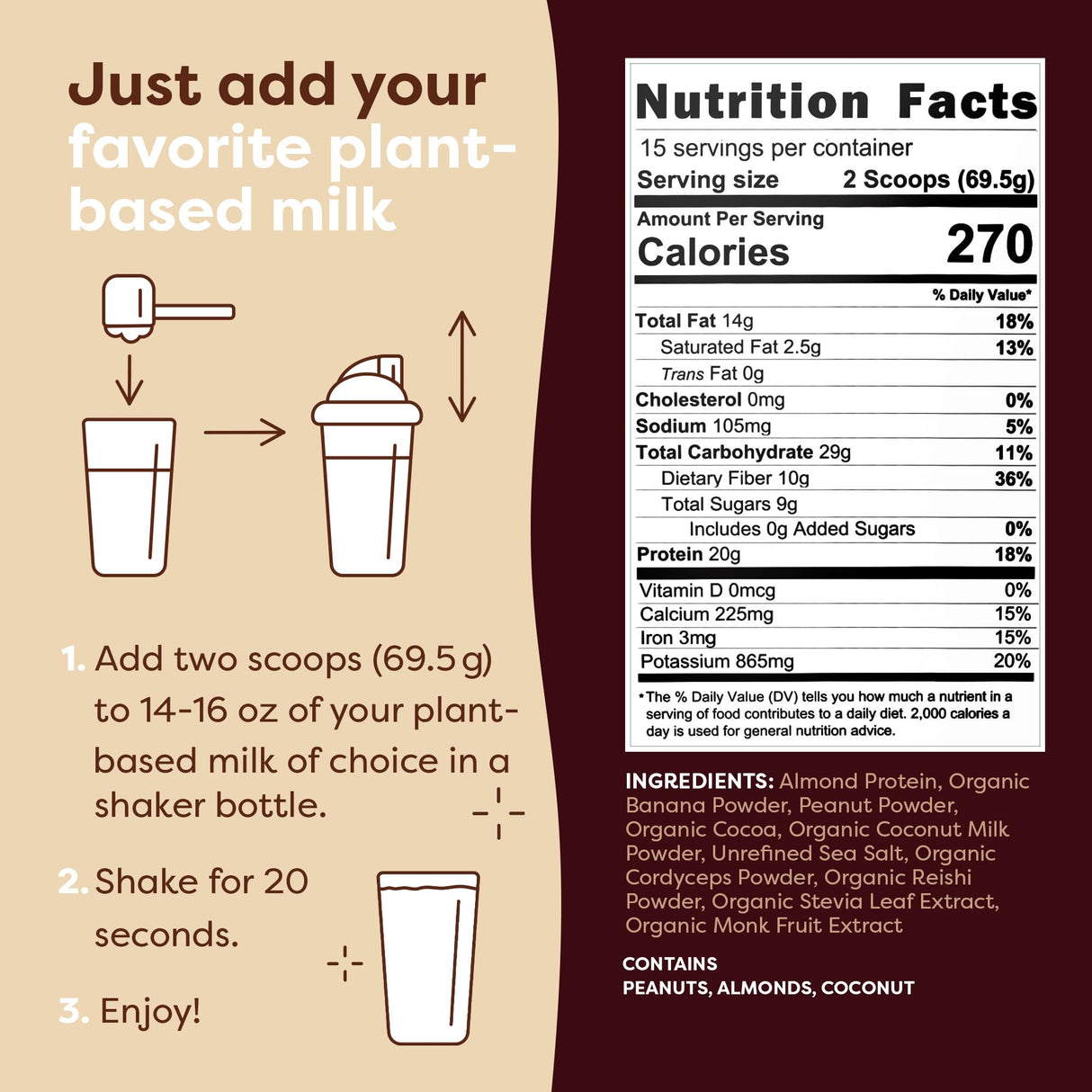 FlavCity Vegan Protein Powder - Chocolate Peanut Butter - 20g Almond, Plant Based Protein Powder - Dairy-Free Shake - With Organic Fruit, Reishi & Cordecyps Mushrooms - No Blender Needed (15 Servings)