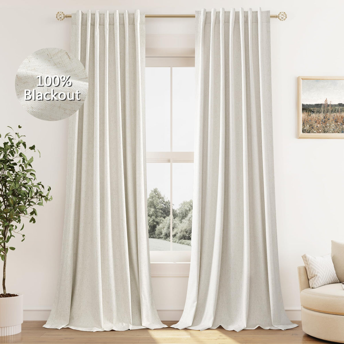 Guken 100% Blackout Linen Curtains 84 Inch Long for Bedroom 2 Panels Cream