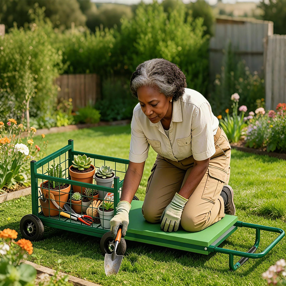 Extra-Large Rolling Garden Cart and Kneeler, 4-in-1 Garden Seat with Wheels