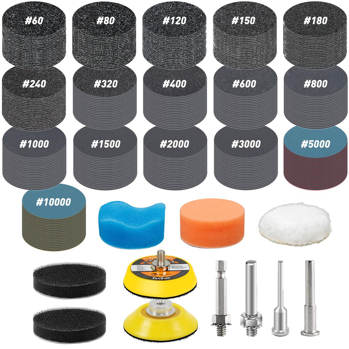 Pukamam 331 PCS 2 Inch Wet Dry Sanding Discs Grit 60 80 120 150 180 240 320 400 600 800 1000 1500 2000 3000 5000 10000 Hook and Loop for Drill Sanding Attachment