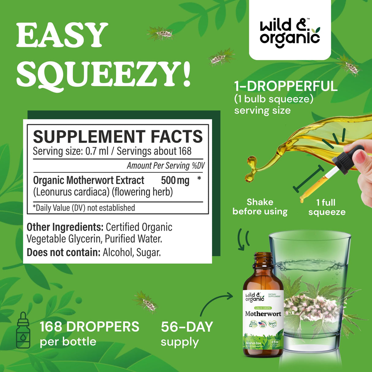Wild & Organic Motherwort Tincture - Good Mood, Calmness, Overall Support - Supplements for Women with Motherwort Herb - Vegan, Sugar & Alcohol-Free Extract Drops - 4 fl oz