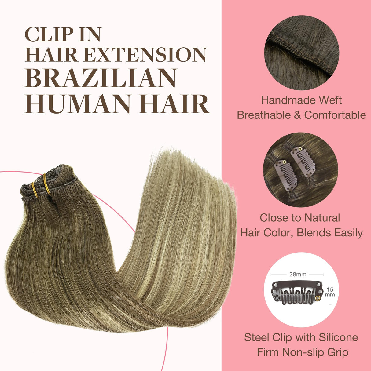 GOO GOO Clip in Hair Extensions Real Human Hair, Remy Human Hair Extensions Clip ins for Women, Natural Human Hair, 18inch 120g 7Pcs, 3/8/613 Balayage Walnut Brown to Ash Brown and Bleach Blonde